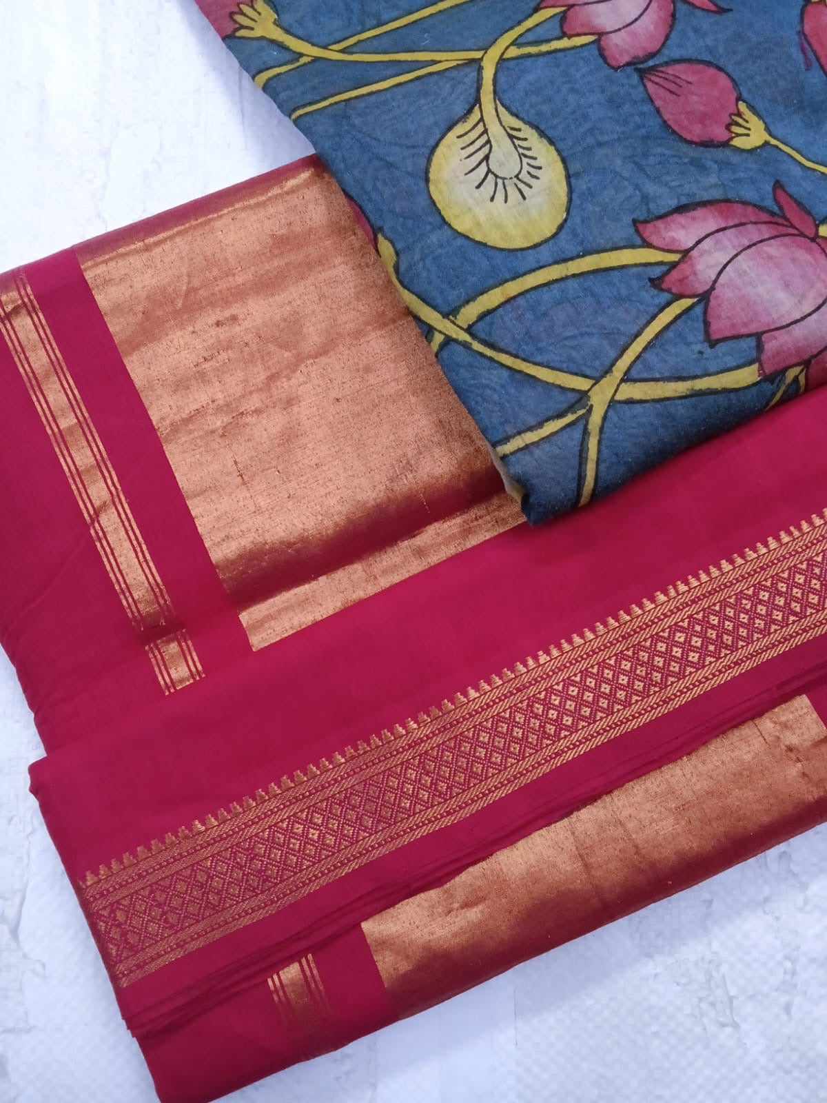 Bhadra - Elegant Gulaal Red Pure Cotton Saree with Gold Zari and Kalamkari Blouse Piece
