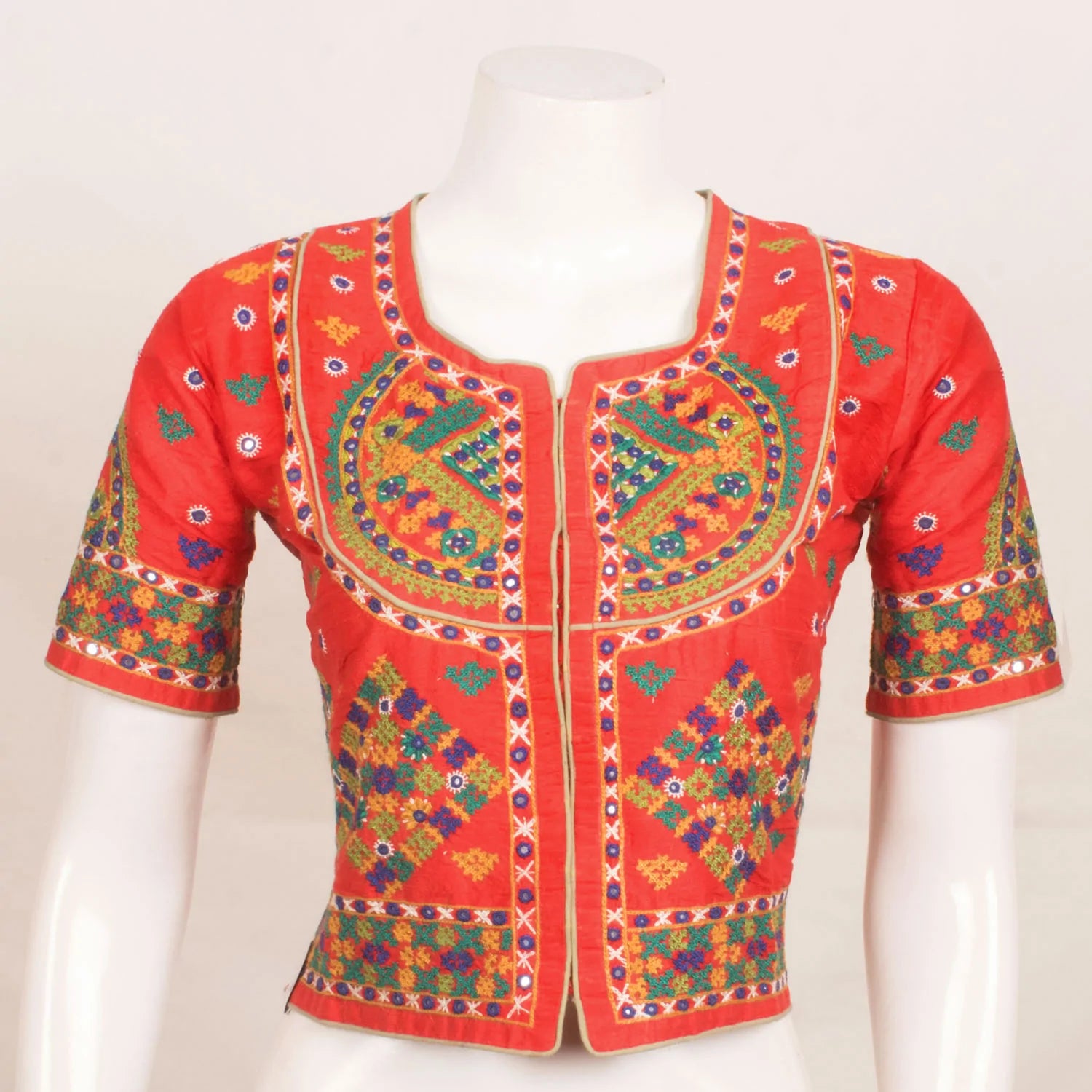 Orange Hand Embroidered Raw Silk Kutchi Blouse
