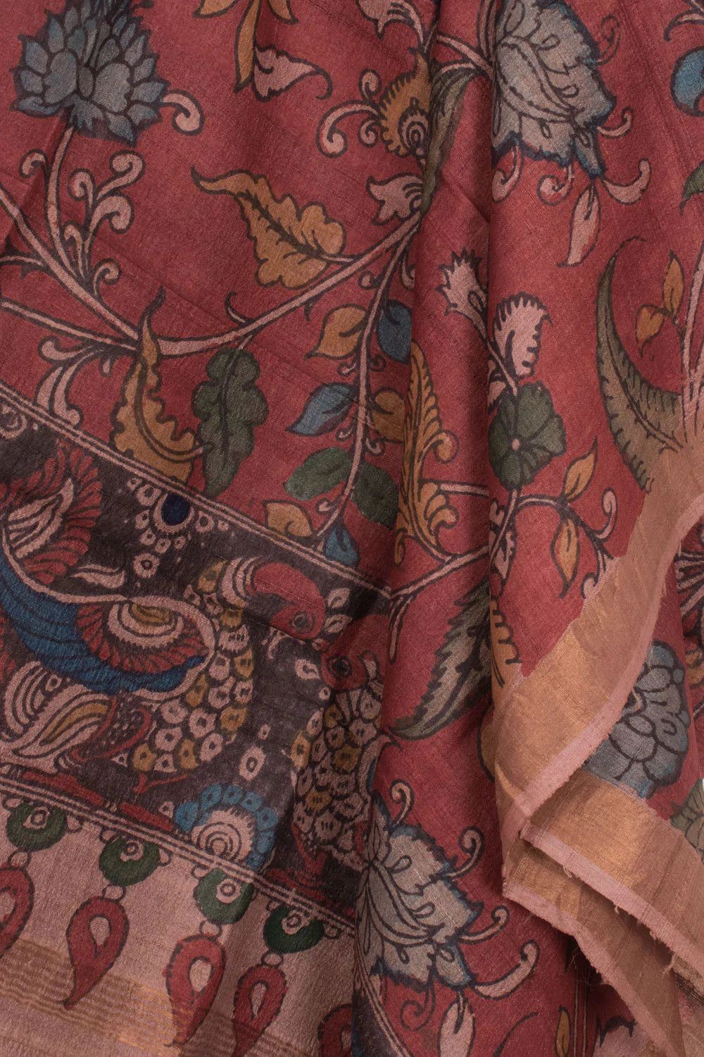 Hand Painted Pen Kalamkari Tussar Silk Dupatta-Rutambhara-RUTAMBHARA