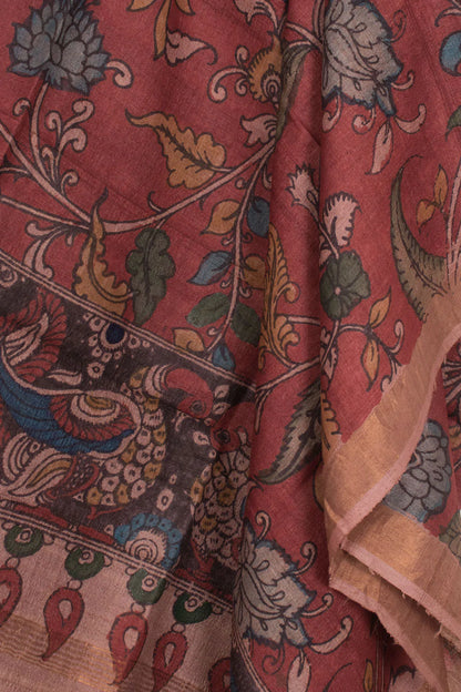 Hand Painted Pen Kalamkari Tussar Silk Dupatta-Rutambhara-RUTAMBHARA