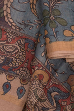 Hand Painted Pen Kalamkari Tussar Silk Dupatta-Rutambhara-RUTAMBHARA