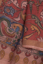 Hand Painted Pen Kalamkari Tussar Silk Dupatta-Rutambhara-RUTAMBHARA