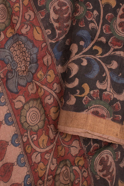 Hand Painted Pen Kalamkari Tussar Silk Dupatta-Rutambhara-RUTAMBHARA