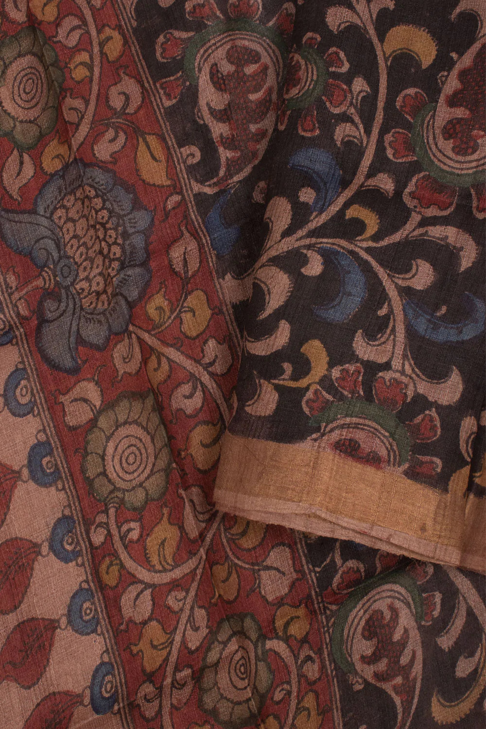 Hand Painted Pen Kalamkari Tussar Silk Dupatta-Rutambhara-RUTAMBHARA