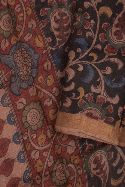 Hand Painted Pen Kalamkari Tussar Silk Dupatta-Rutambhara-RUTAMBHARA