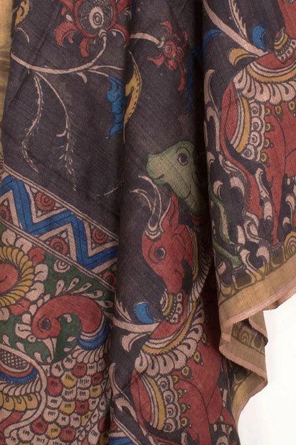 Hand Painted Pen Kalamkari Tussar Silk Dupatta-Rutambhara-RUTAMBHARA