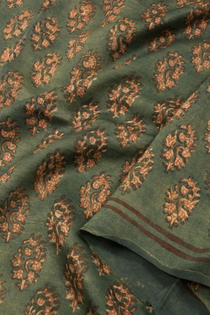 SIYAHI - GREEN HAND BLOCK PRINTED GAJJI SILK KURTA MATERIAL-Rutambhara-RUTAMBHARA