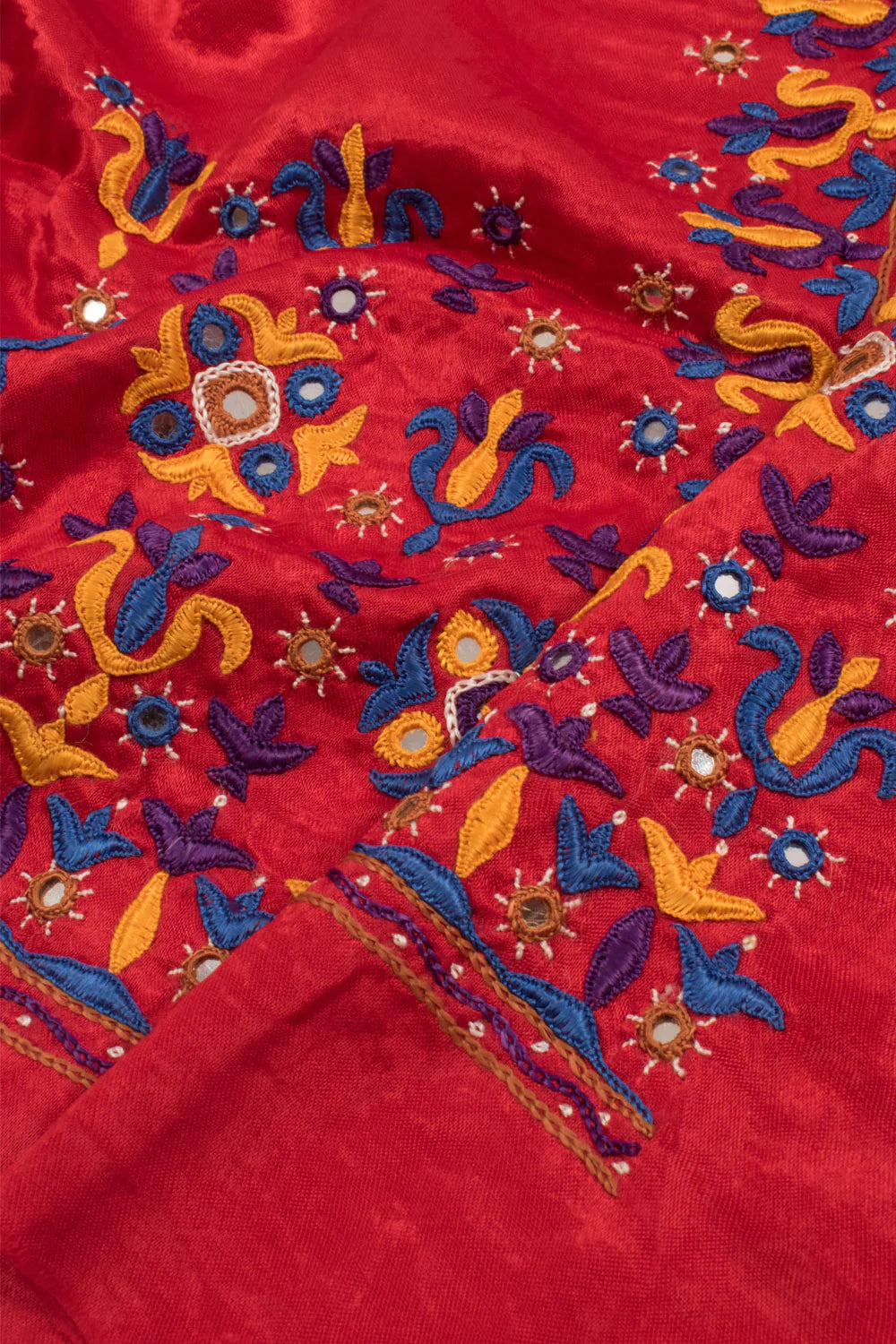Red Mirror Embroidered Mashru Blouse Material