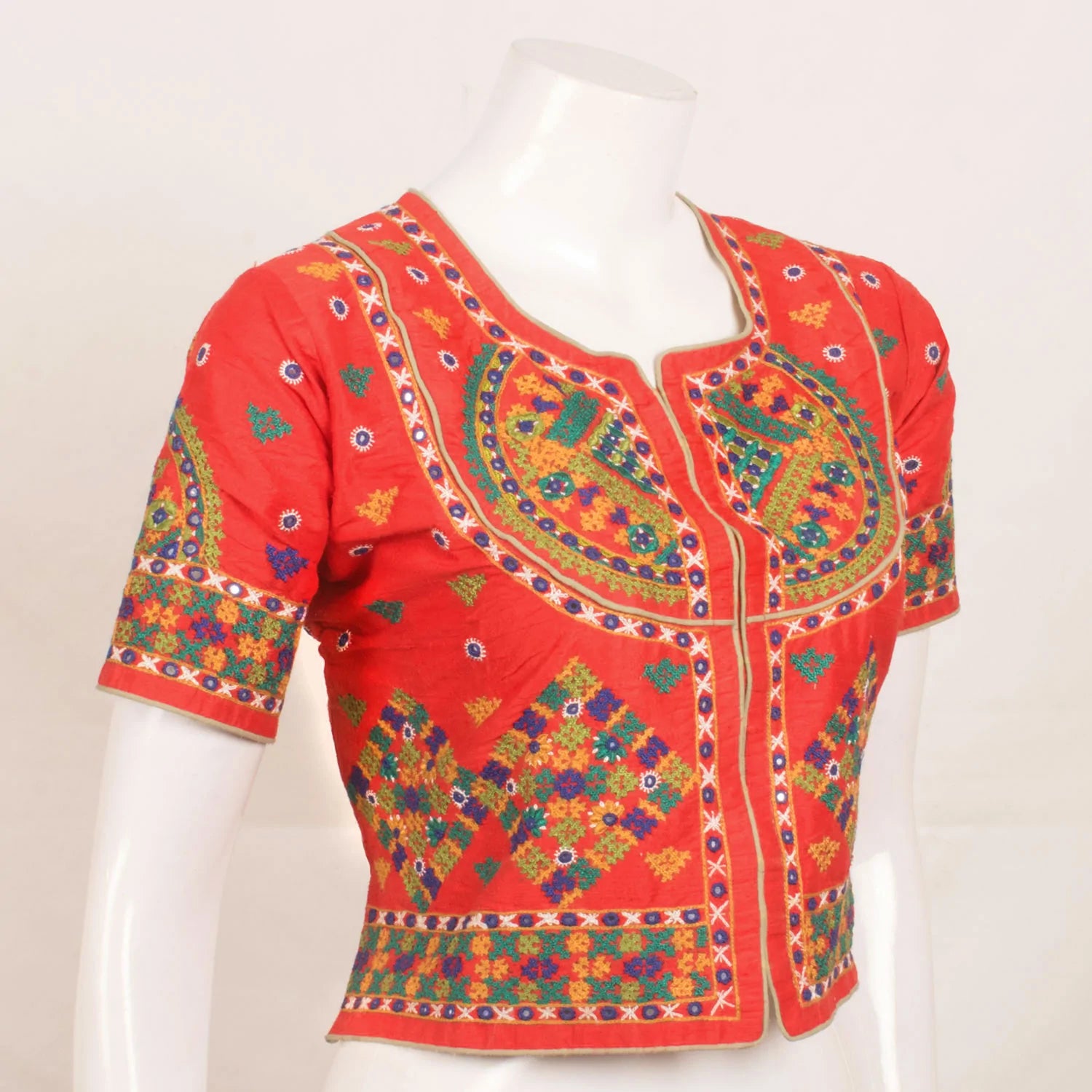 Orange Hand Embroidered Raw Silk Kutchi Blouse
