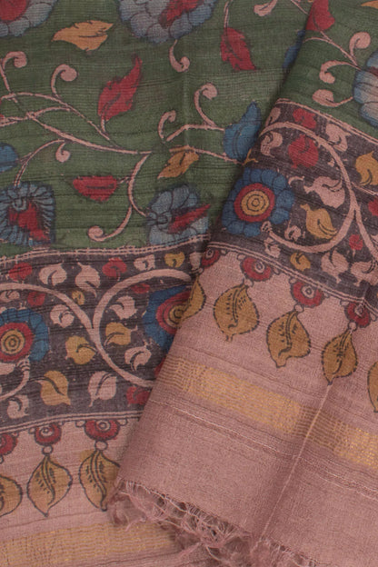 Hand Painted Pen Kalamkari Tussar Silk Dupatta-Rutambhara-RUTAMBHARA
