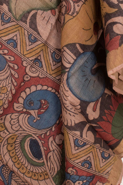 Hand Painted Pen Kalamkari Tussar Silk Dupatta-Rutambhara-RUTAMBHARA