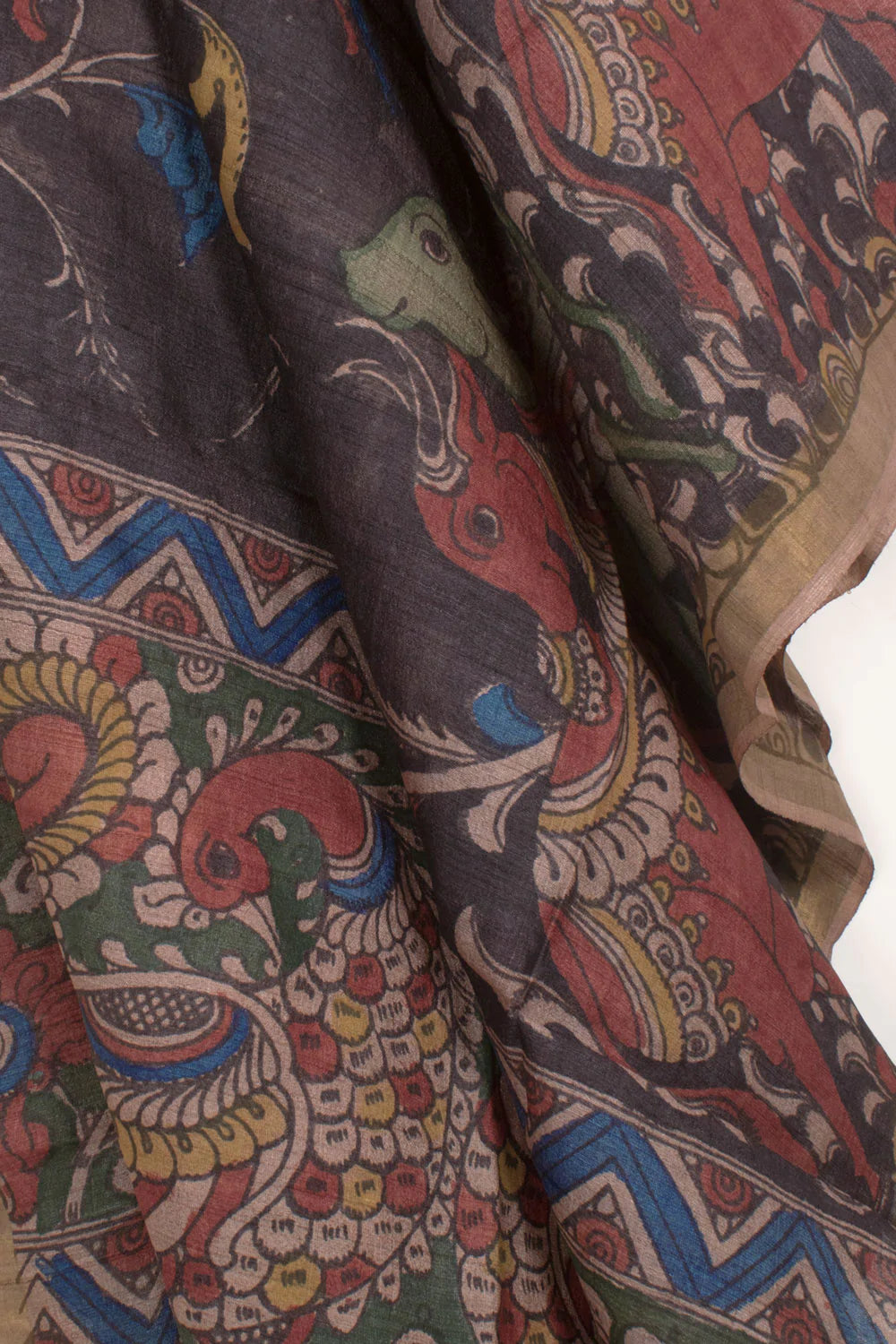 Hand Painted Pen Kalamkari Tussar Silk Dupatta-Rutambhara-RUTAMBHARA