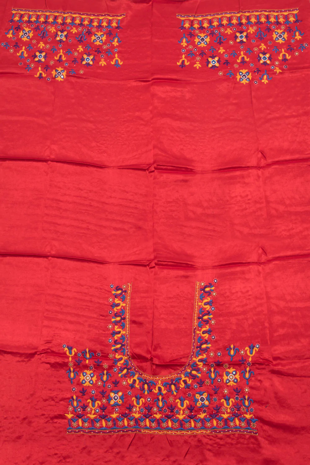 Red Mirror Embroidered Mashru Blouse Material