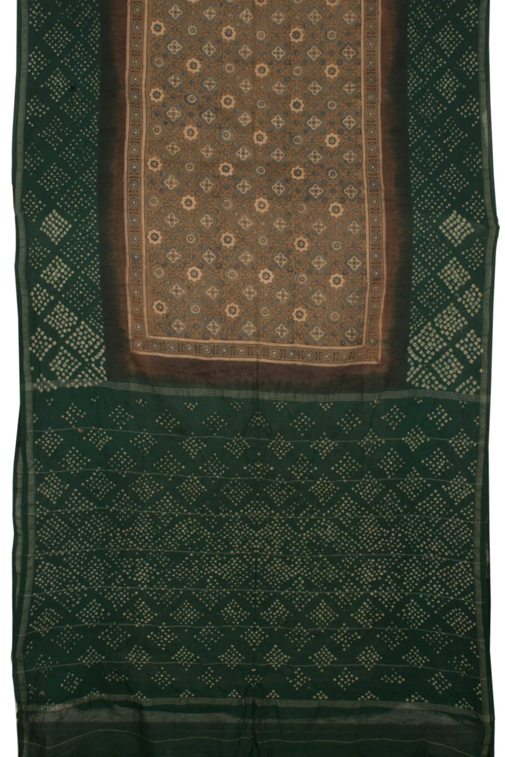 Handcrafted Ajrakh and Bandhani Chanderi Saree-Rutambhara-RUTAMBHARA