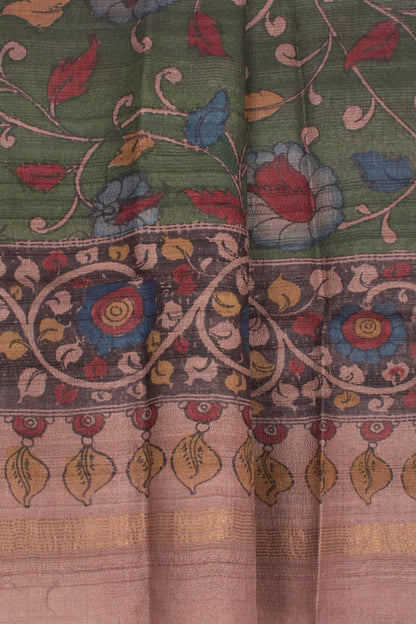 Hand Painted Pen Kalamkari Tussar Silk Dupatta-Rutambhara-RUTAMBHARA