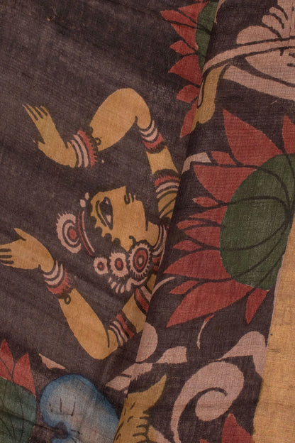 Hand Painted Pen Kalamkari Tussar Silk Dupatta-Rutambhara-RUTAMBHARA