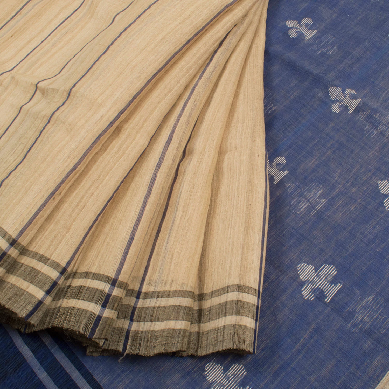 Beige and Indigo Tussar Cotton Saree