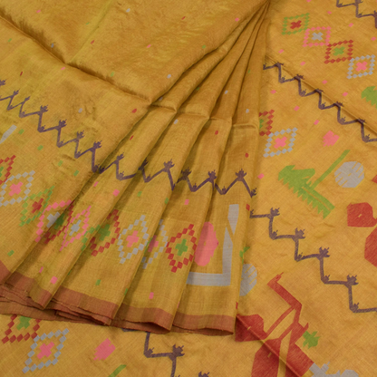 Yellow Handwoven Jamdani Tussar Silk Saree-Rutambhara-RUTAMBHARA
