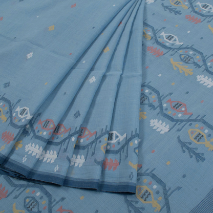 Pastel Blue Handwoven Jamdani Muslin Cotton Saree-Rutambhara-RUTAMBHARA