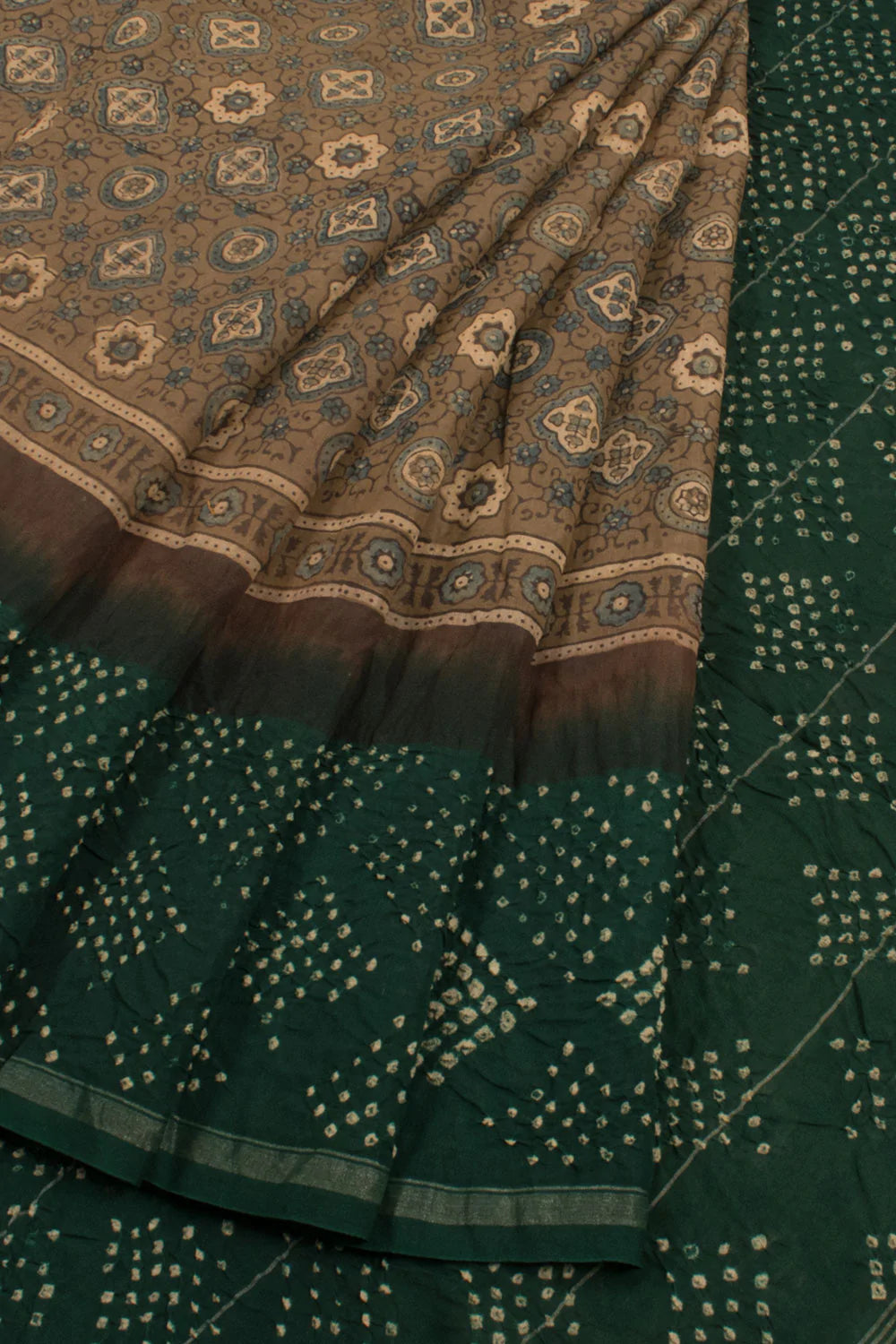Handcrafted Ajrakh and Bandhani Chanderi Saree-Rutambhara-RUTAMBHARA