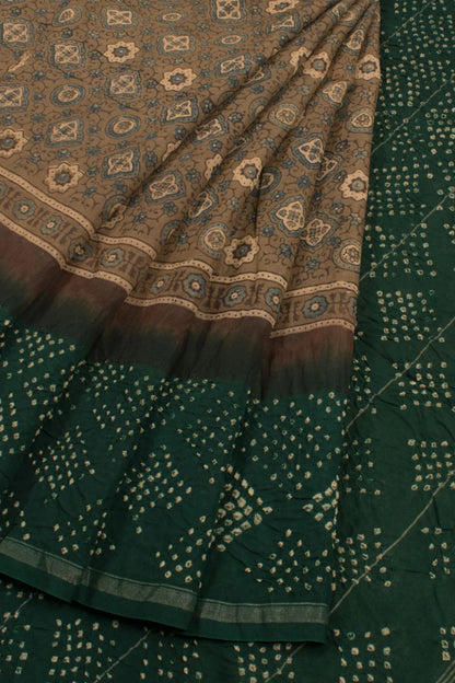 Handcrafted Ajrakh and Bandhani Chanderi Saree-Rutambhara-RUTAMBHARA