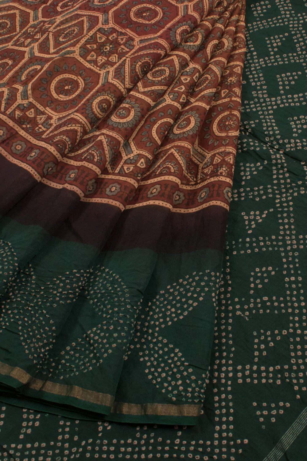 Handcrafted Ajrakh and Bandhani Chanderi Saree-Rutambhara-RUTAMBHARA