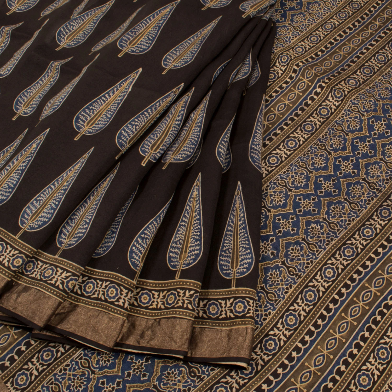 Ajrakh Printed Modal Cotton Saree-Rutambhara-RUTAMBHARA