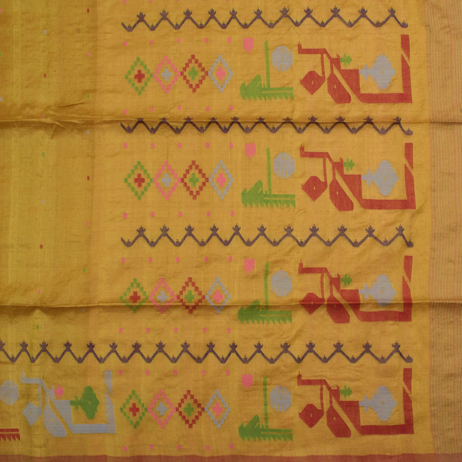 Yellow Handwoven Jamdani Tussar Silk Saree-Rutambhara-RUTAMBHARA