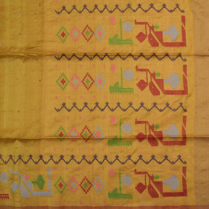 Yellow Handwoven Jamdani Tussar Silk Saree-Rutambhara-RUTAMBHARA