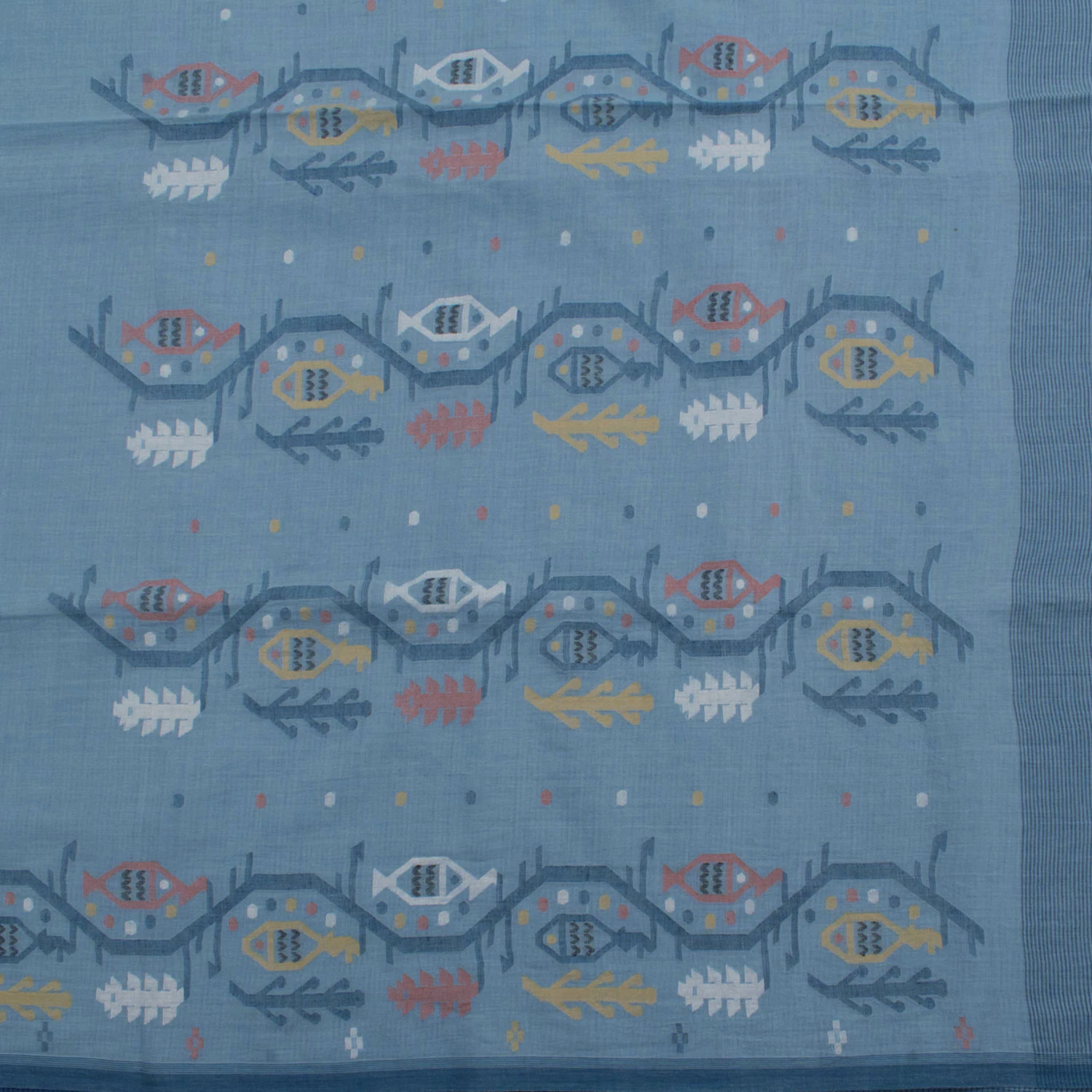 Pastel Blue Handwoven Jamdani Muslin Cotton Saree-Rutambhara-RUTAMBHARA