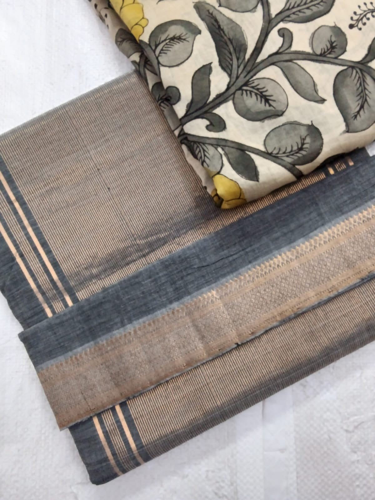 BHADRA - Elegant Grey Pure Cotton Saree with Zari Border And Kalamkari Blouse