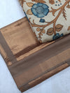 BHADRA - Elegant Earthy Brown Pure Cotton Saree with Gold Border and Kalamkari Blouse