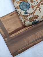 BHADRA - Elegant Earthy Brown Pure Cotton Saree with Gold Border and Kalamkari Blouse-RUTAMBHARA-RUTAMBHARA