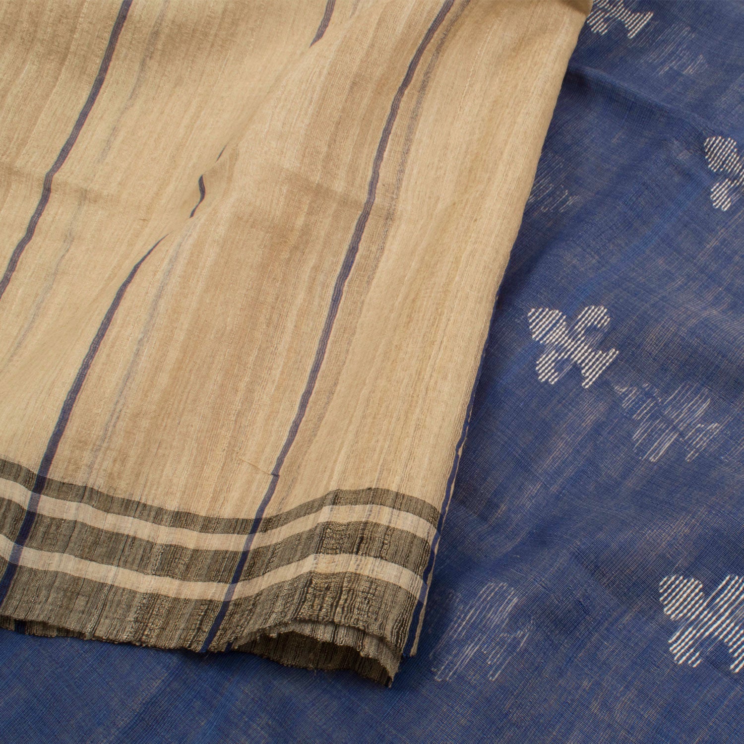 Beige and Indigo Tussar Cotton Saree