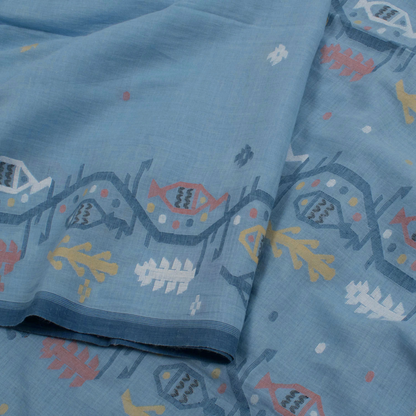 Pastel Blue Handwoven Jamdani Muslin Cotton Saree-Rutambhara-RUTAMBHARA