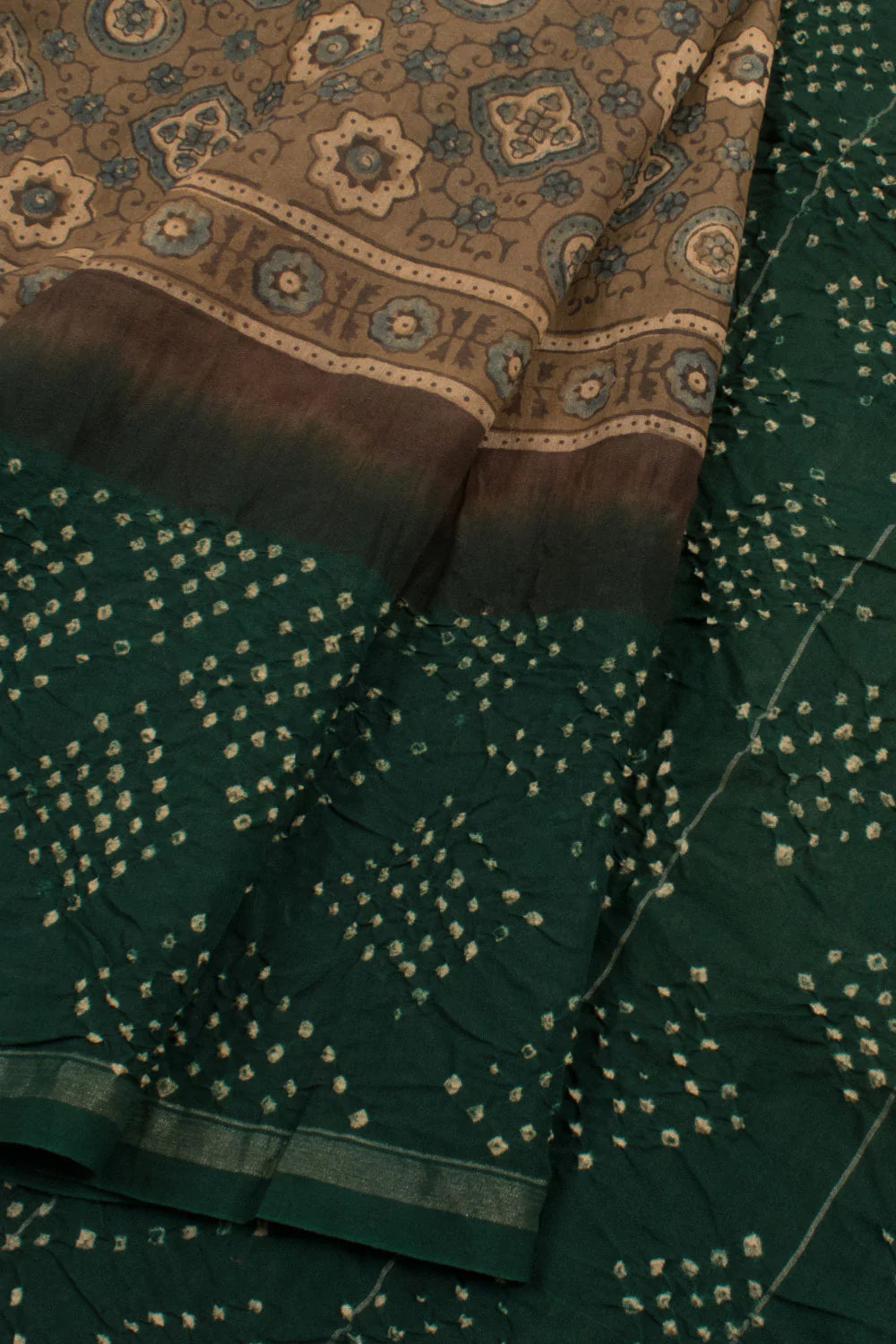 Handcrafted Ajrakh and Bandhani Chanderi Saree-Rutambhara-RUTAMBHARA