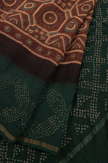 Handcrafted Ajrakh and Bandhani Chanderi Saree-Rutambhara-RUTAMBHARA
