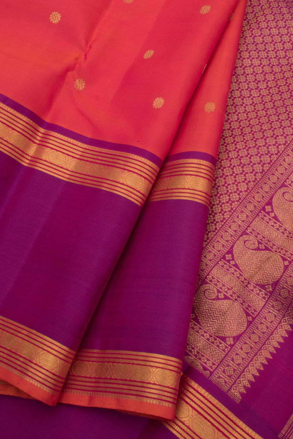 Eevara Orange Purple Kancheevaram Heirloom Silk Saree