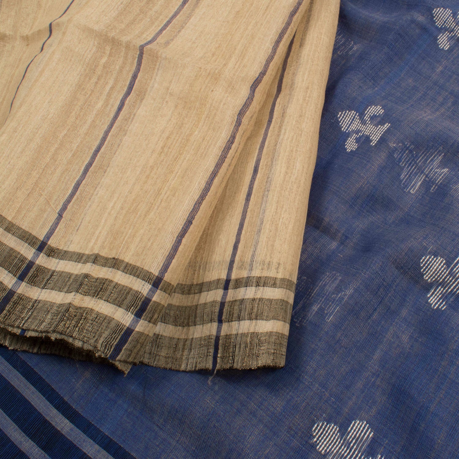 Beige and Indigo Tussar Cotton Saree
