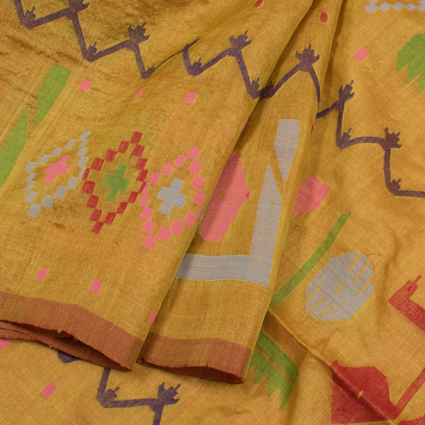 Yellow Handwoven Jamdani Tussar Silk Saree