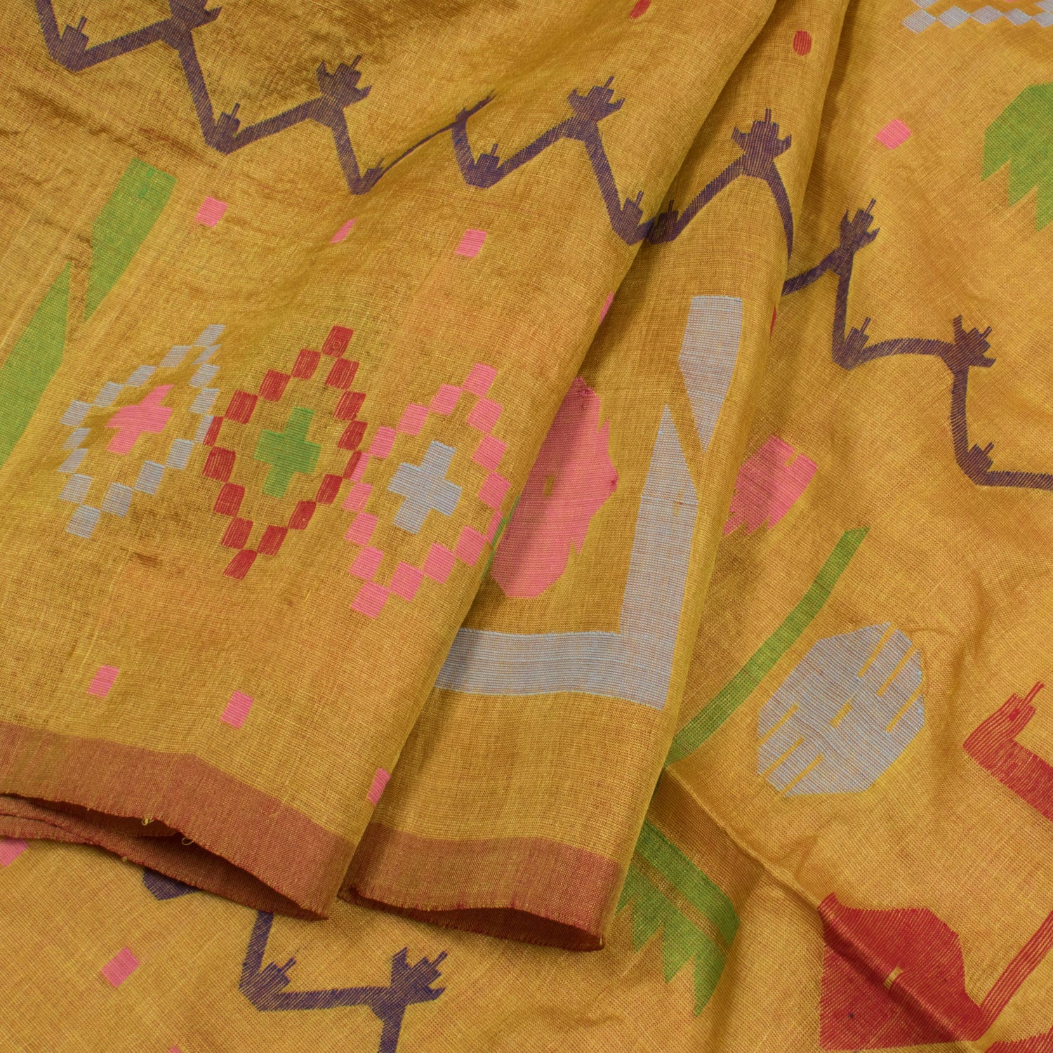 Yellow Handwoven Jamdani Tussar Silk Saree-Rutambhara-RUTAMBHARA