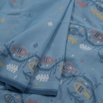 Pastel Blue Handwoven Jamdani Muslin Cotton Saree-Rutambhara-RUTAMBHARA