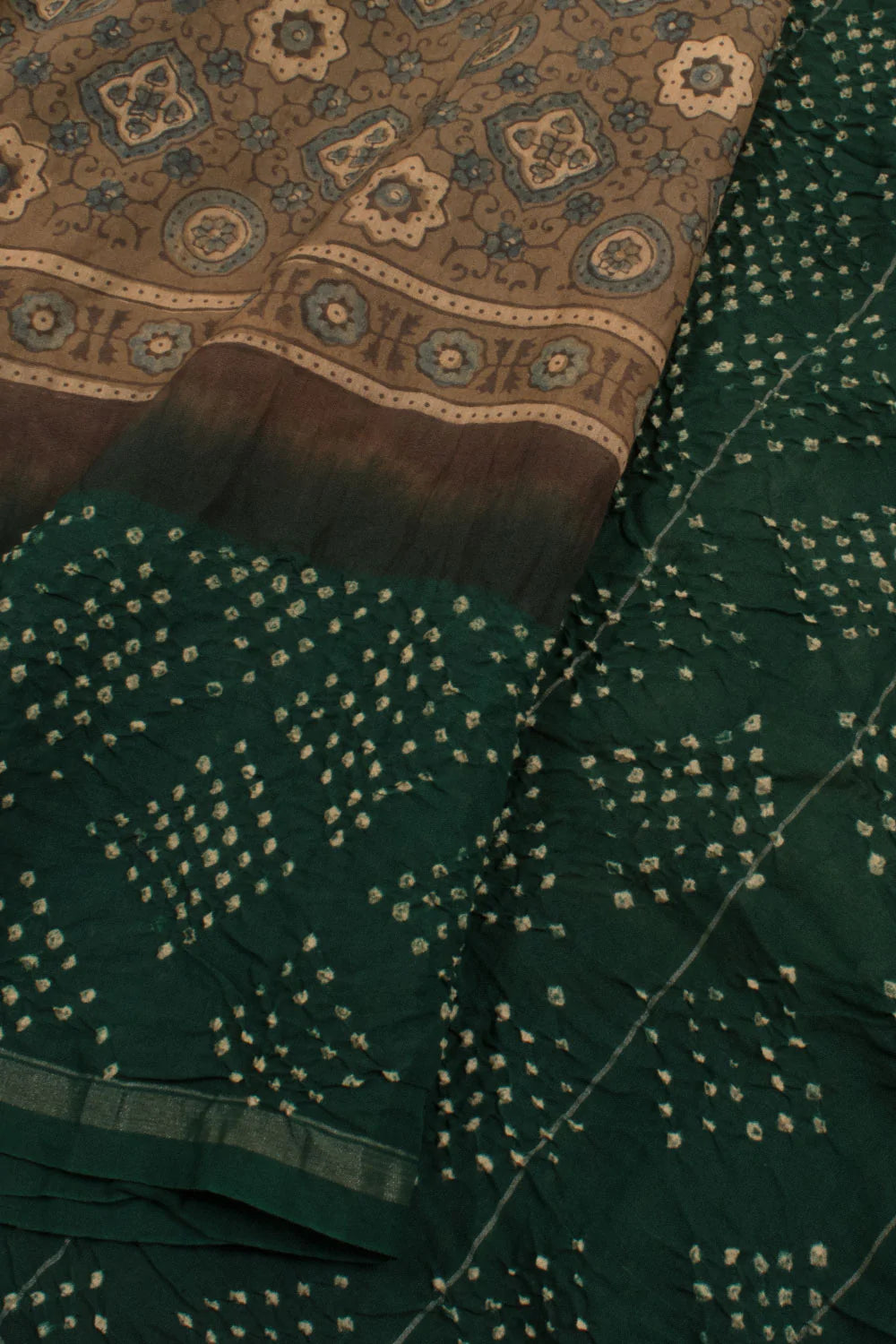 Handcrafted Ajrakh and Bandhani Chanderi Saree-Rutambhara-RUTAMBHARA