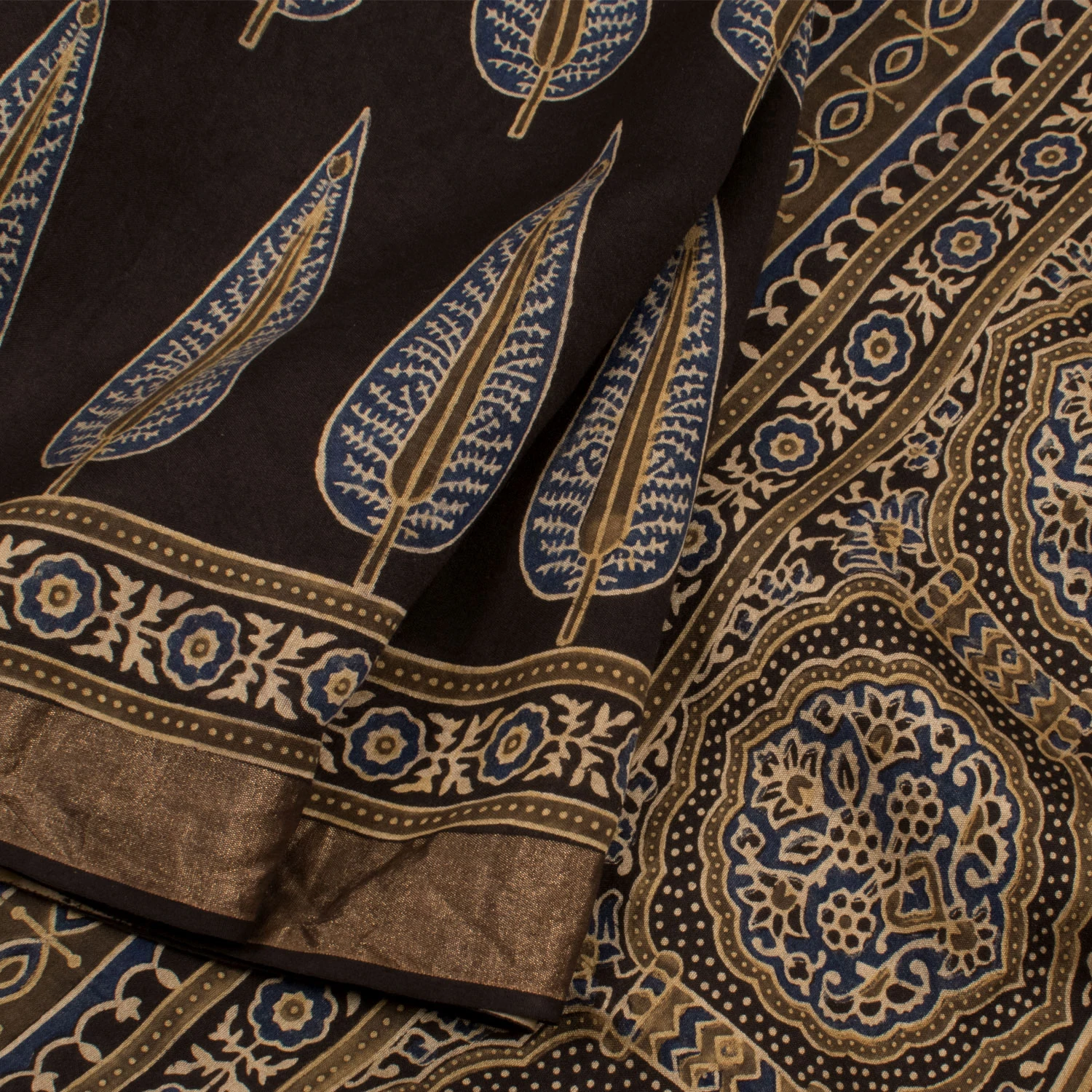 Ajrakh Printed Modal Cotton Saree-Rutambhara-RUTAMBHARA