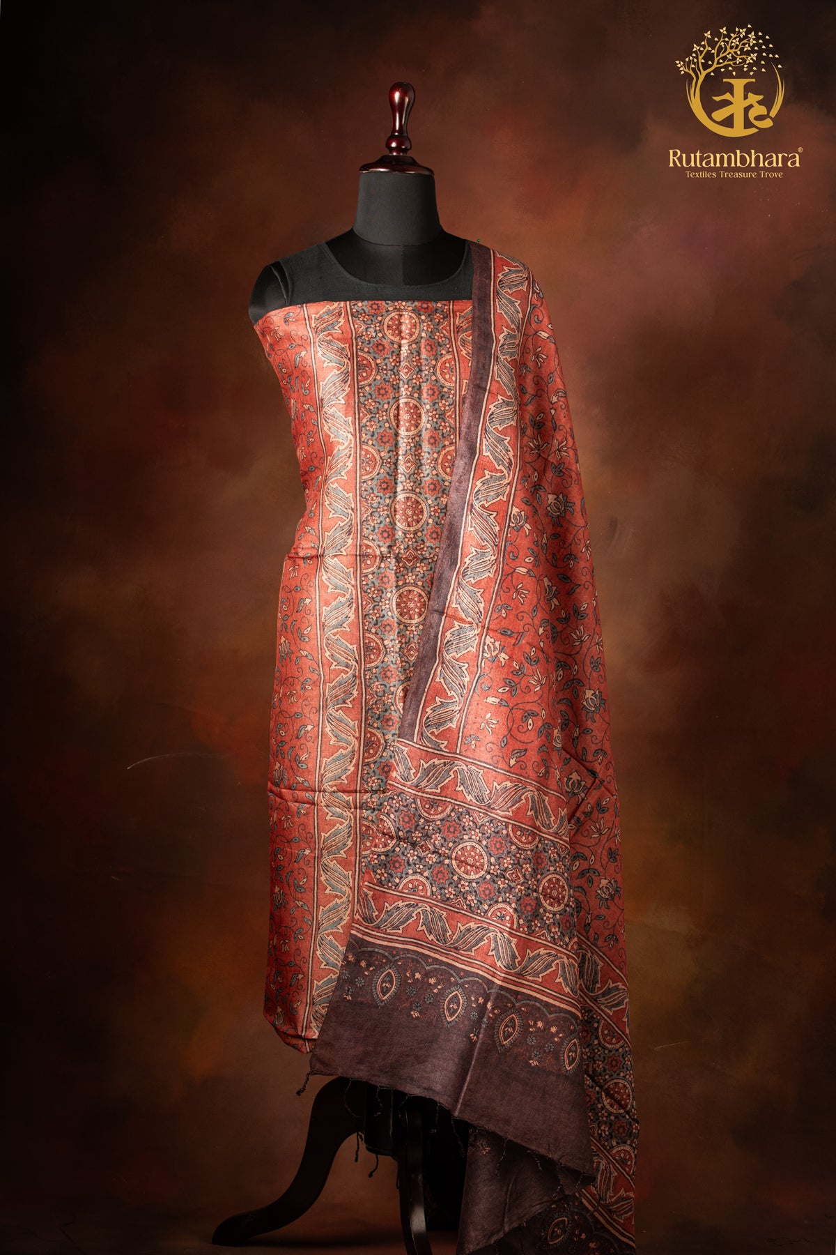 Ushraa - Madder Rust Ajrakh Tussar Silk Suit Set