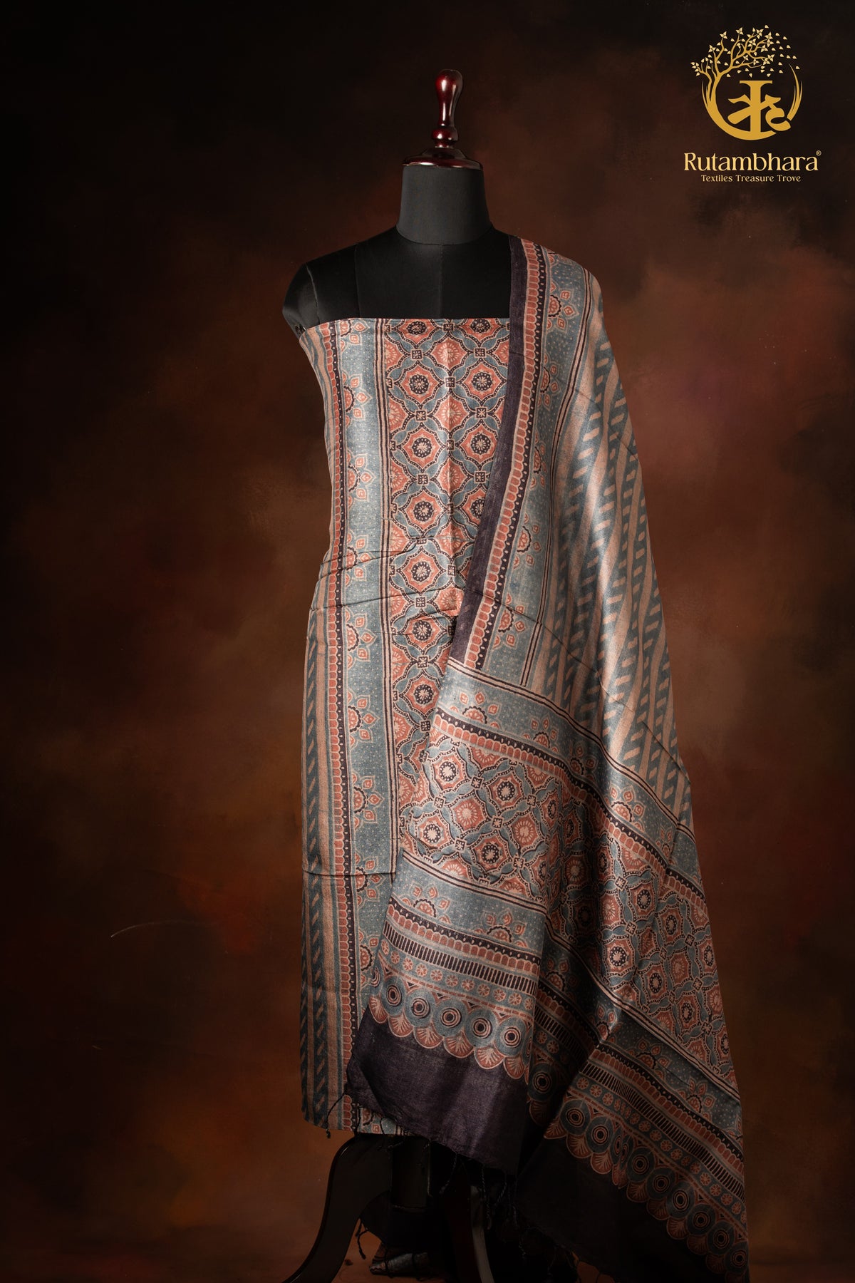 Ushraa - Muted Indigo Rust Ajrakh Tussar Silk Suit Set
