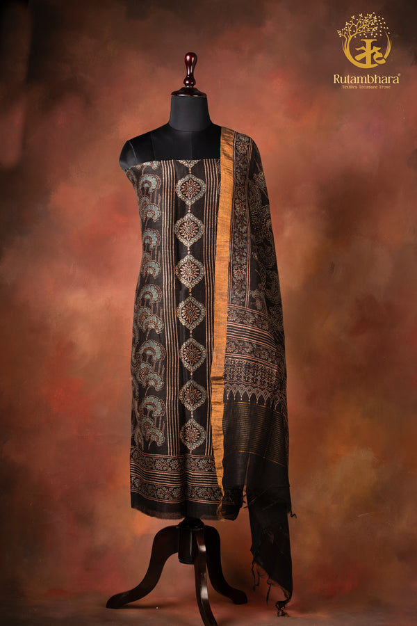 Ushraa - Kajal Black Ochre Ajrakh Silk Linen Suit Set with Zari Border