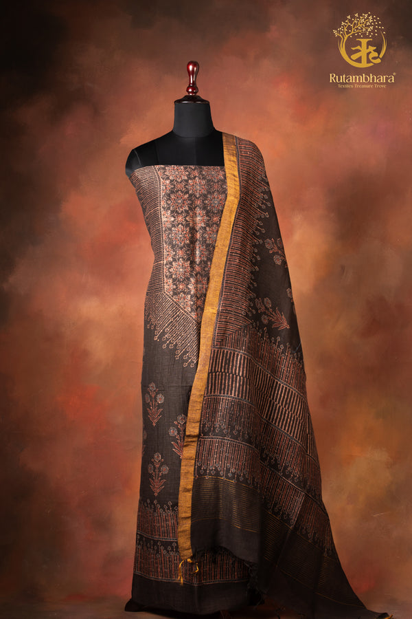 Ushraa - Smoked Brown Black Ajrakh Silk Linen Suit Set with Zari Border