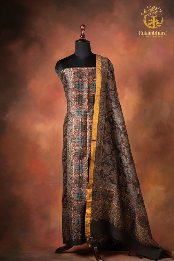 Ushraa - Inked Indigo Madder Ajrakh Silk Linen Suit Set with Zari Border