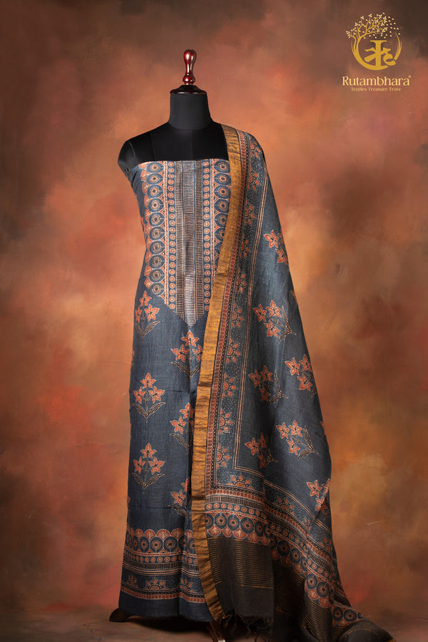 Ushraa - Indigo Madder Ajrakh Silk Linen Suit Set with Gold Zari Border